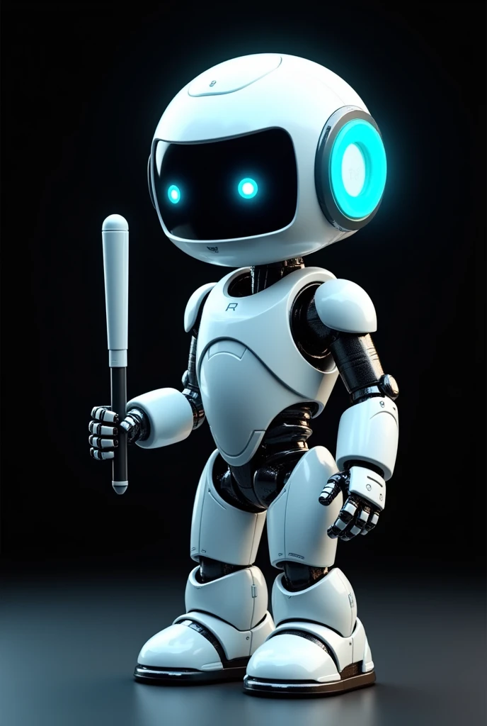 A cute and cuddly 3d robot character with a ratio of 2 heads, white and blue color scheme, holding a baton in one hand and making a welcome gesture with the other, standing in front of a black background, highly detailed, realistic, 8K, award-winning illustrations, concept art, beautiful lighting, soft shadows, shimmering metal surfaces, warm hues, Dynamic pose, inviting expression, complex mechanical design, cinematic perspective, seamless integration of technology and organic form