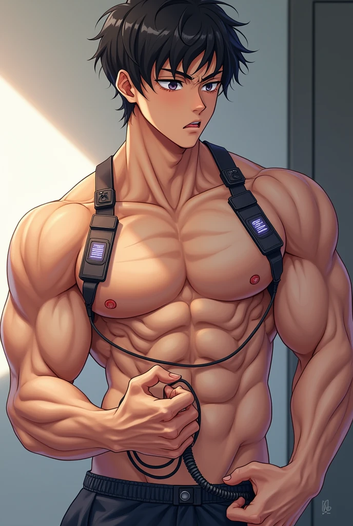 Make make me a anime handsome and cute men using muscle stimulator with electric pads making himself stronger on his abs ,chest and bicep looking in pain and while masturbating his dick and he fucking loves it