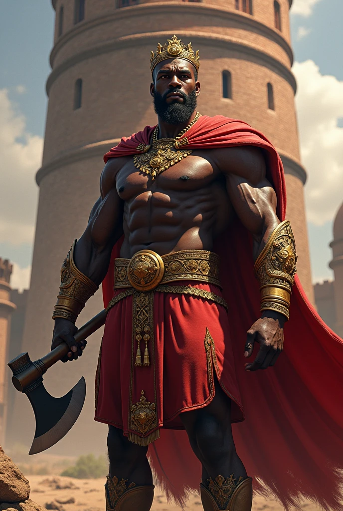 Muscular 4 African man with golden crown red king cape double axe in hand standing full length with brick tower behind