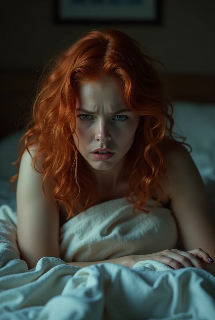Portrait of a angry 18yo Irish women laying in hospital bed. Close up.  White panties 