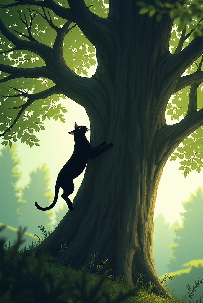 Cat climbing a tall tree
