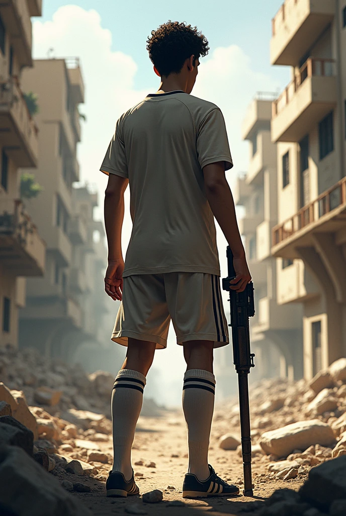 Create a soccer player with his back turned to me and the name FRABSISCO and age 15 years and background war And in her hands is his weapon action