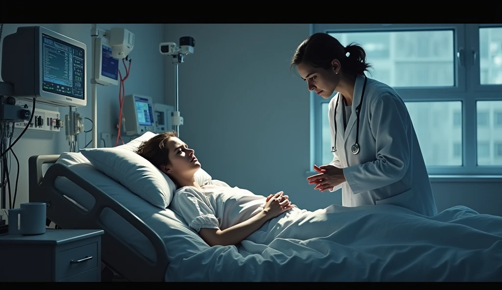 patient in a bed without the ability to be independent of his medical diagnosis. doctor at bedside talking to patient&#39;s mother
