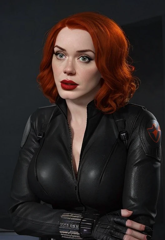 Christina Hendricks as the character Natasha Romanoff/Black Widow from the Marvel Cinematic Universe, about 4, pale skin, short wavy hairstyle, orange hair color, mascara, red lipstick, big breasts. In tight black leather suit, deep cleavage, huge bust, fingerless gloves, Mysterious spy, member of the Avengers, 4k rendering, MCU character, epic Avengers character art
