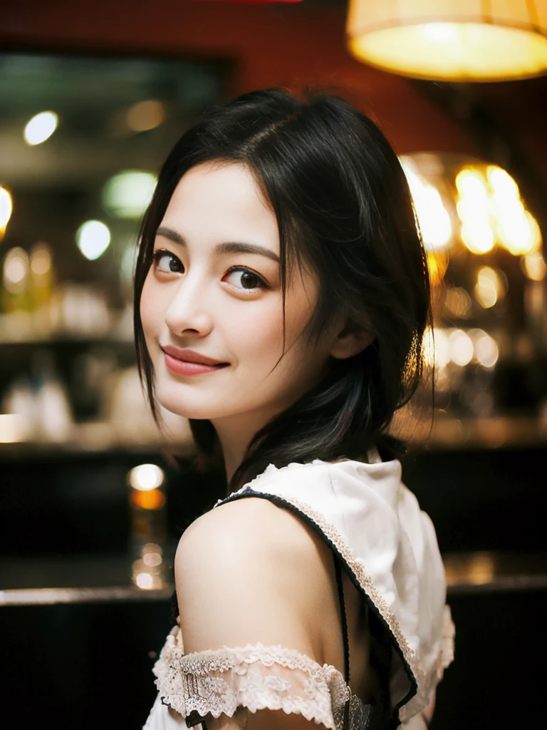 a Close-up portrait of gorgeous smiling cute Japanese woman in a glamorous lacy dress outfit, delicate facial features, porcelain-skinned, ponytail, a fusion of young Marion Cotillard's striking eyes and young Anne Hathaway's introspective gaze, long and slender cute face, curved eyebrows, droopy hooded eyes, lower nasal bridge, slim wavy nose, smiling, thin lips, short pixie cut hair, silhouette, bokeh, lobby bar lounge background, depth of field, photo, film,