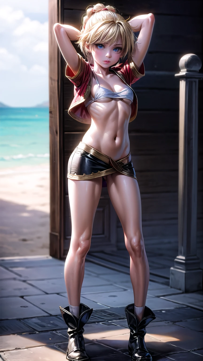 1 adult woman, character "kid" from chrono cross, 20 years old, yellow hair in a high braided ponytail, (small bust:1.4),standing on white sandy beach, arms behind head, fitted jacket 3/4 cropped, white top under jacket, tight fitting micro skirt, loose leather boots, ankle wraps, detailed face, detailed eyes, detailed lips, highly detailed, 8k, ultra-detailed 90s era anime style, cinematic lighting, vivid colors, dramatic shadows, volumetric fog, masterpiece, award winning art, wide angle, (full length portrait), strong_negative, micrsk3rt, bikini underboob, navel, no bra 