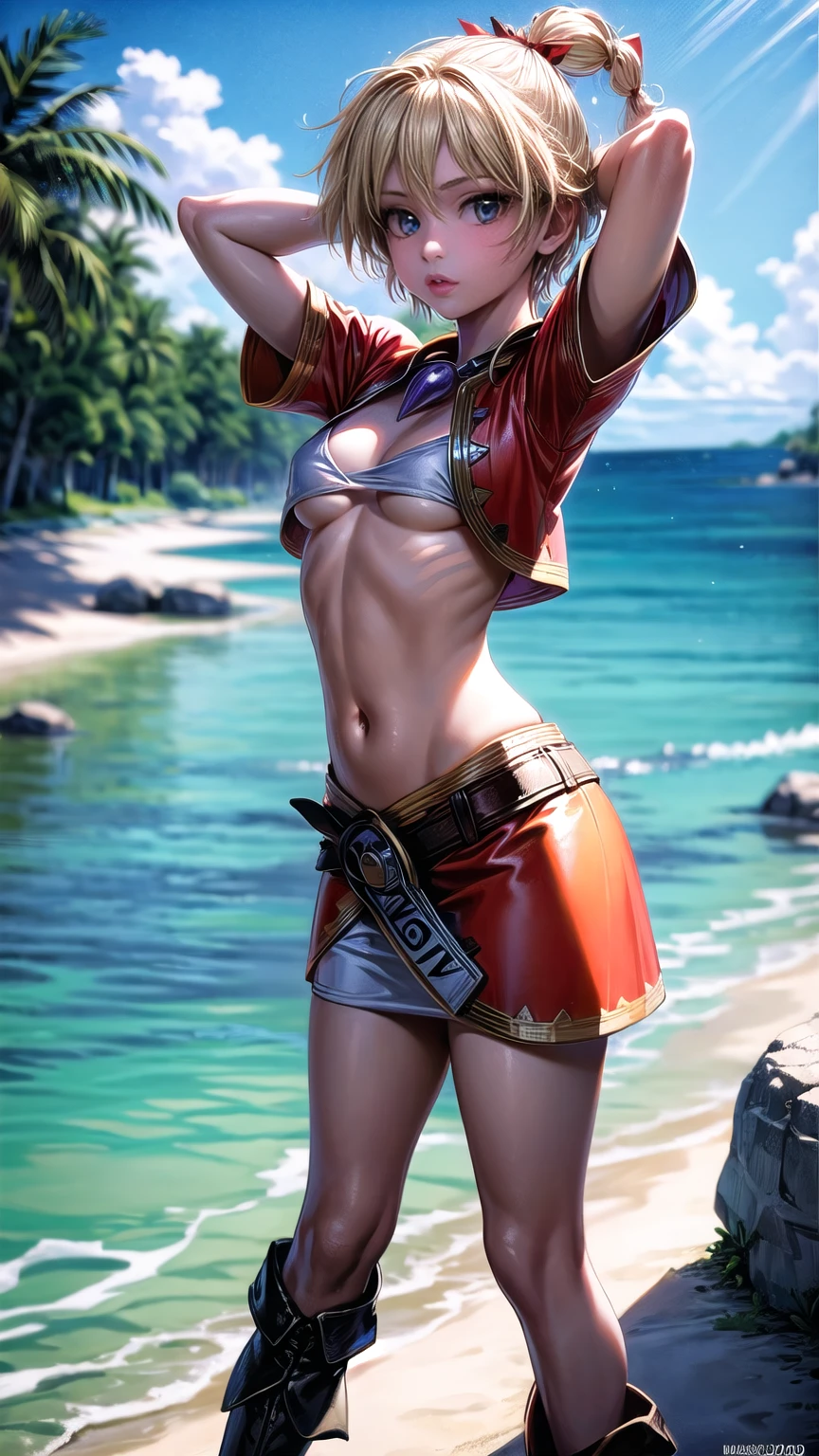 1 adult woman, character "kid" from chrono cross, 20 years old, yellow hair in a high braided ponytail, (small bust:1.4),standing on white sandy beach, arms behind head, fitted jacket 3/4 cropped, white top under jacket, tight fitting micro skirt, loose leather boots, ankle wraps, detailed face, detailed eyes, detailed lips, highly detailed, 8k, ultra-detailed 90s era anime style, cinematic lighting, vivid colors, dramatic shadows, volumetric fog, masterpiece, award winning art, wide angle, (full length portrait), strong_negative, micrsk3rt, bikini underboob, navel, no bra 