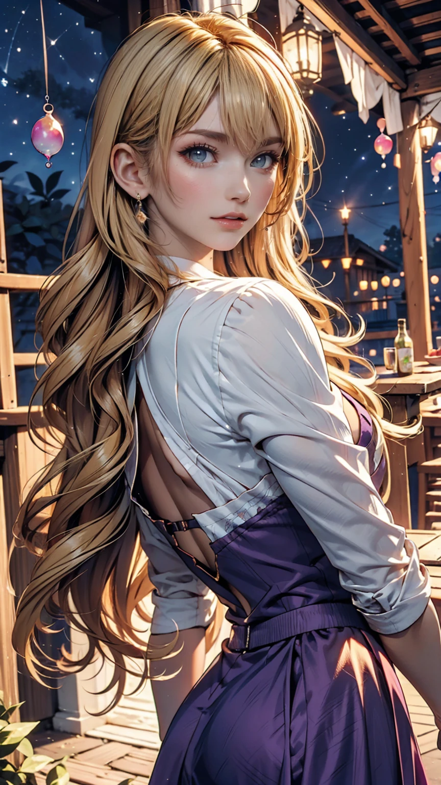 Blowing bubbles under the stars、Anime-style light blonde hair with purple eyes