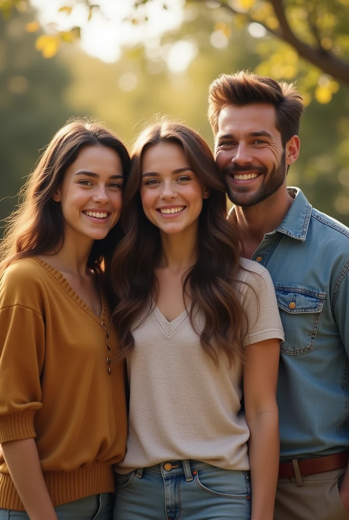 Picture of a real life with long brown hair next to her mom and dad