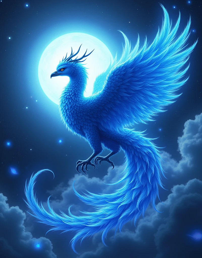 Highest quality, 8k, masterpiece、Sea of stars、scenery、(A blue phoenix born from the blue sun and takes flight)、Wearing a Blue Flame、Blue Prominence、Sunspots、Falling blue feathers、Blue Particles、Blue Firestorm、(Fly Away)、From the side、