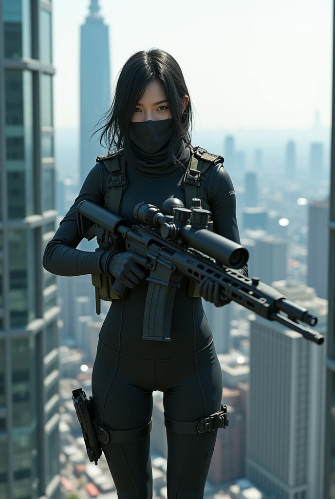 A Japanese female sniper wearing a cloth mask stands on the rooftop of a high-rise building.