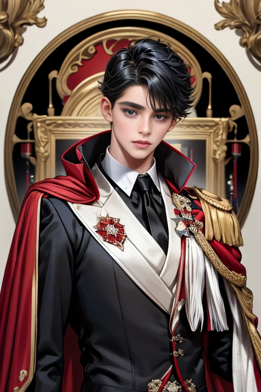 masterpiece, 最high quality, high quality, 1 boy, alone, Male focus, Upper Body,Watching the audience, Messy black hair, Adorable big blue eyes, White, Noble, Noble,A black and red cape that is bursting with sexy volume、Tuxedo、A very voluminous, large, very large, very large, long, long red and black cape with a high stand-up collar, made of a lot of fabric that reaches down to the floor., ,cute beautiful,Cute, cute, kind, handsome guy