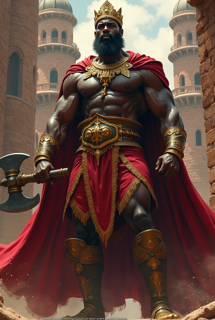 Muscular 4 African man with golden crown red king cape double axe in hand standing full length with brick tower behind