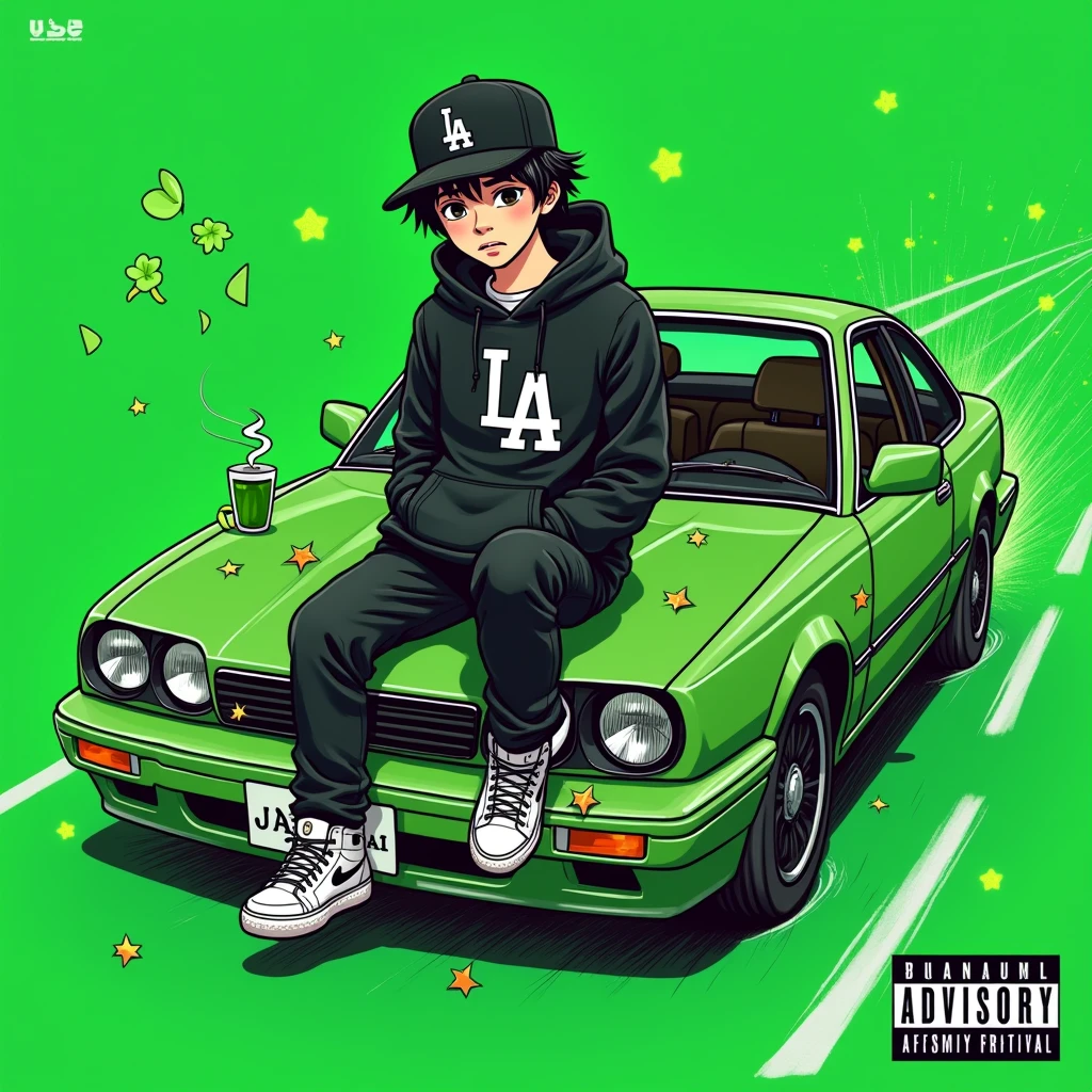Image of a man sitting on the bonnet of a car, Yoshihiko Wada&#39;s album cover, winner of the behance contest, Doodle, official artwork, rap album cover, hip - hop album art cover, colored album art, hip hop music album cover, rap album cover art, official fanart, GTA Cover, hip hop album cover, album art cover, cartoon, Disgruntled Asian Boy, Running car, Green background, green tea, Deep pressed black LA ball cap, white nike shoes, Black LA Hoodie
