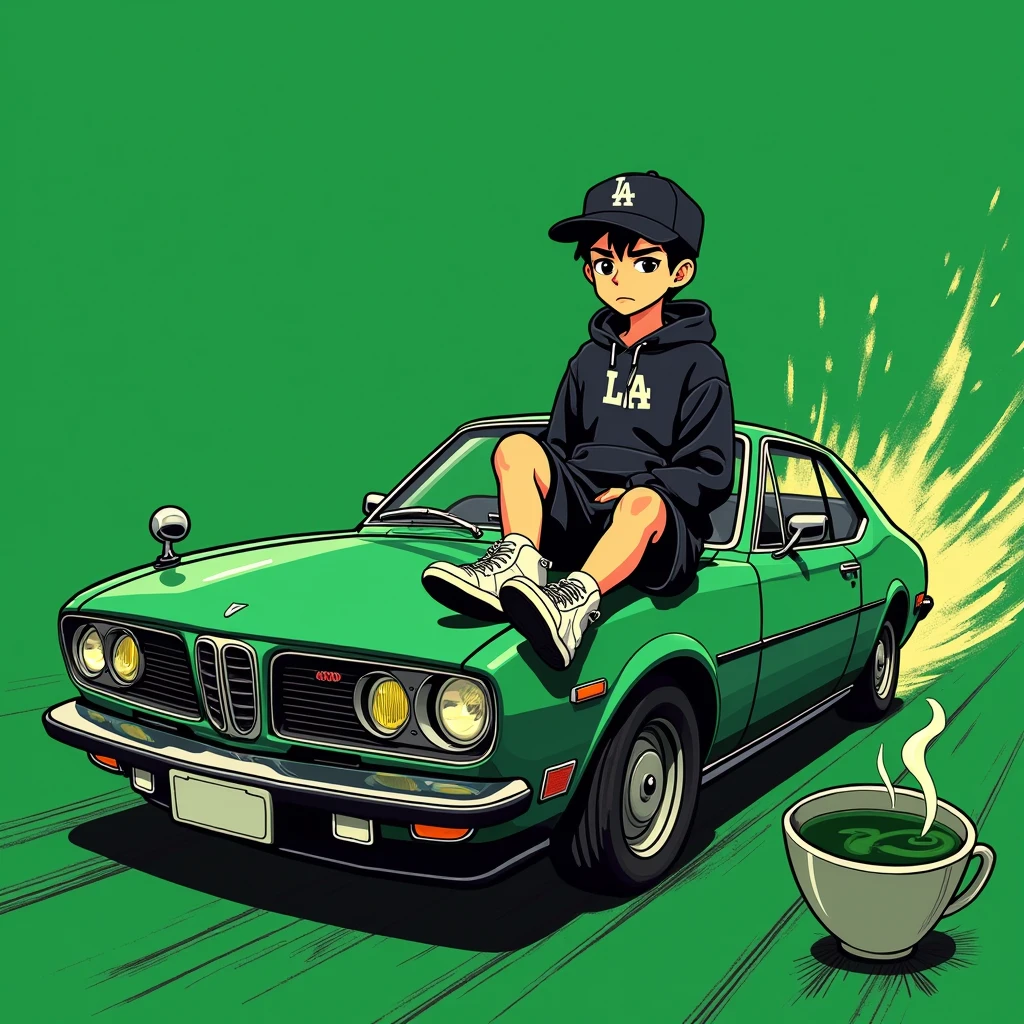 Image of a man sitting on the bonnet of a car, Yoshihiko Wada's album cover, winner of the behance contest, Doodle, official artwork, rap album cover, hip - hop album art cover, colored album art, hip hop music album cover, rap album cover art, official fanart, GTA Cover, hip hop album cover, album art cover, cartoon, Disgruntled Asian Boy, Running car, Green background, green tea, Deep pressed black LA ball cap, white nike shoes, Black LA Hoodie