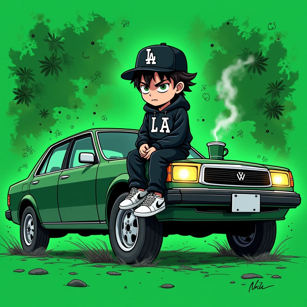 Image of a man sitting on the bonnet of a car, Yoshihiko Wada's album cover, winner of the behance contest, Doodle, official artwork, rap album cover, hip - hop album art cover, colored album art, hip hop music album cover, rap album cover art, official fanart, GTA Cover, hip hop album cover, album art cover, cartoon, Disgruntled Asian Boy, Running car, Green background, green tea, Deep pressed black LA ball cap, white nike shoes, Black LA Hoodie