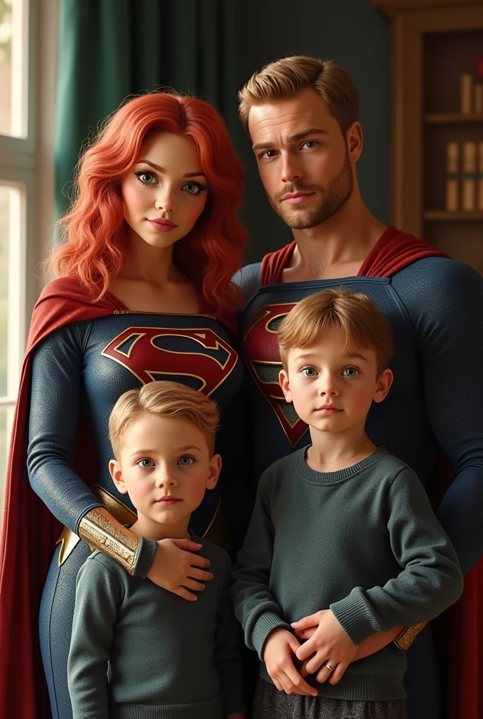 Create the image of Kara Zor El, the super girl, next to her wife Akai, a woman with curly red hair and green eyes, and her twin sons, who are a mix of the two in appearance, they are two boys. Put the wife Akai in the photo, it is a family photo, the boys are identical twins. Make it more realistic. 