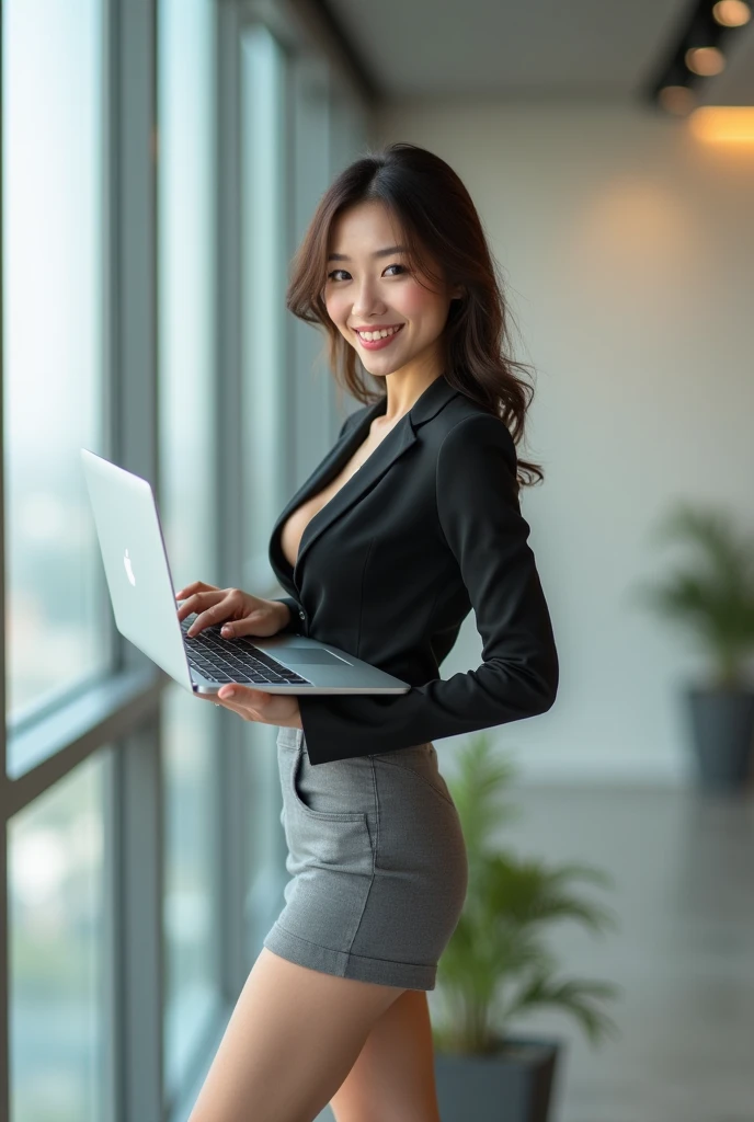 Create an image of an 1 Asian businesswoman standing and working on a MacBook. She is smiling with a cute and charming face. The image is full-body, with a slightly revealing outfit, showcasing a youthful and modern appearance.