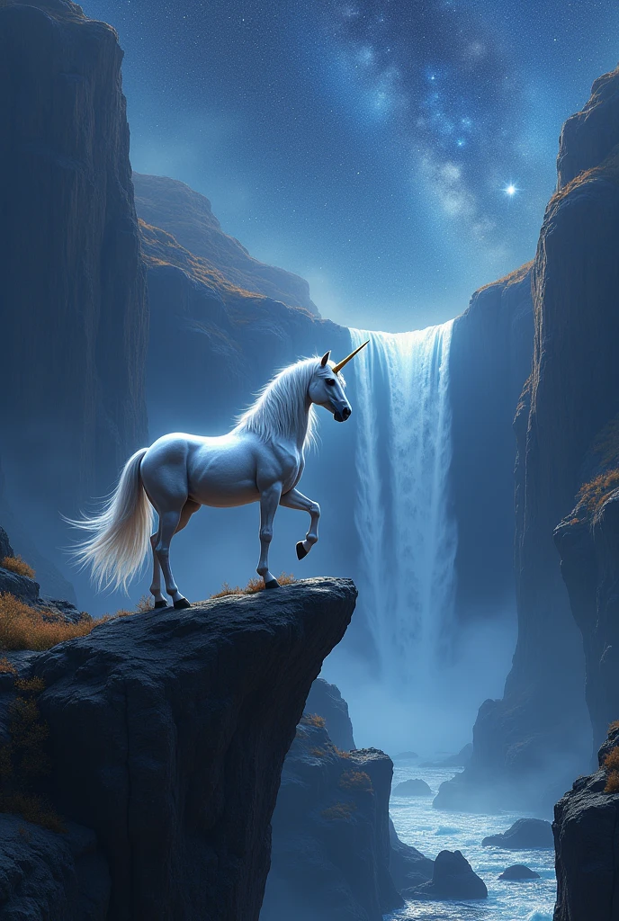 unicorn standing on a cliff with waterfall and stars in the background, unicorn flying in the sky, amazing wallpaper, hd wallpaper, mythical creatures, breathtaking fantasy art, unicorn, fantasy digital art, magic fantasy highly detailed, mythical creature, 4 k hd wallpaper very detailed, high quality desktop wallpaper, highly detailed fantasy art, unicorns, fantasy highly detailed, detailed fantasy digital art, makeup, Realism, cinematic lighting, UHD, 4K, super detail, anatomically correct, highres