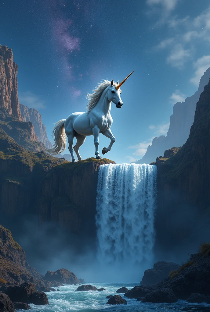 unicorn standing on a cliff with waterfall and stars in the background, unicorn flying in the sky, amazing wallpaper, hd wallpaper, mythical creatures, breathtaking fantasy art, unicorn, fantasy digital art, magic fantasy highly detailed, mythical creature, 4 k hd wallpaper very detailed, high quality desktop wallpaper, highly detailed fantasy art, unicorns, fantasy highly detailed, detailed fantasy digital art, makeup, Realism, cinematic lighting, UHD, 4K, super detail, anatomically correct, highres