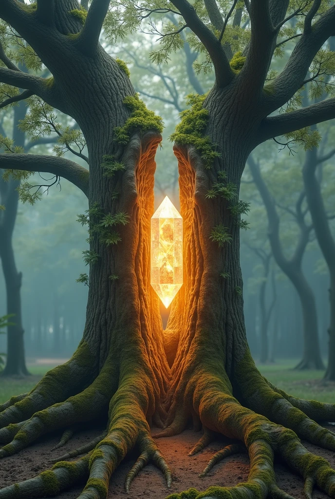 Create a tree cut in half with a crystal inside it