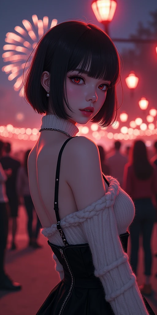 (best quality, ultra-detailed, photorealistic: 1.39), bright and vibrant colors, studio lighting, romantic expression, An effeminate girl, with a delicate and beautiful face. Beautiful and adult woman with her straight loose bob gothic style short hair matches the gothic makeup, her dark red eyes and mischievous smile, with her large seductive breasts, cleavage, dark style, Turtleneck sweater, white wool, sleeveless, beautiful sweater dress, pose from behind, looking back, with beautiful legs, ankle boots, dark makeup. She have a horny face, like a manwha character, chain details, in the living the park at night, beautiful event decoration with lights and fireworks, night with soft lighting, dark gothic lighting, black boots, seductive cleavage, manga style, anime features manga style, fully body , she is in love, like a manwha character style