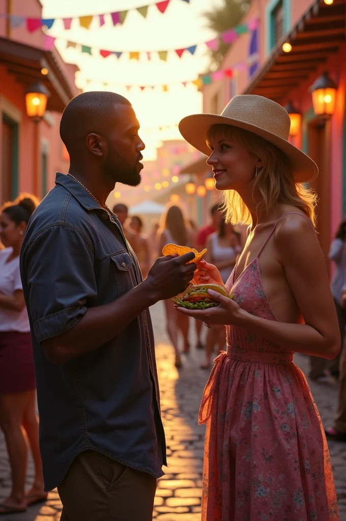 Kanye West eating tacos with Taylor Swift at a party in an old neighborhood in Mexico