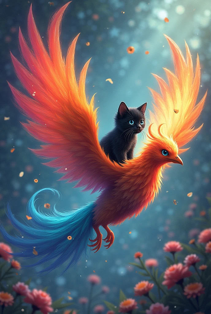 A beautiful rainbow-colored phoenix、Black kitten riding a phoenix、big headed kitten、Between Time and Space