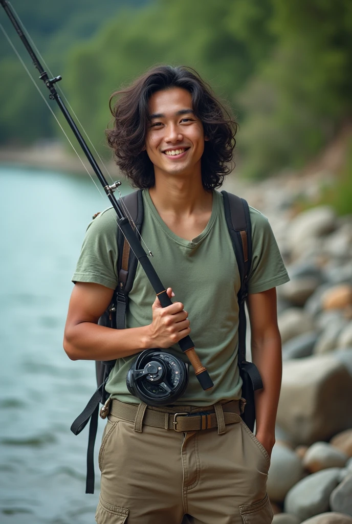 Photography of a 20 year old Asian guy with long curly hair wearing a t-shirt, long pants, boots, carrying fishing equipment