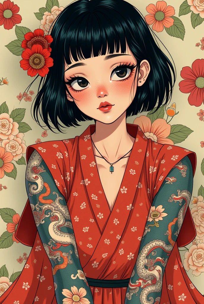 A mesmerizing surreal illustration of a young japanese woman. She has black hair with blunt bangs, and wears a vibrant red outfit adorned with intricate floral patterns. Freckles dot her smooth, warm complexion, and bold, colorful tattoos cover her arms and legs. The tattoos feature traditional Japanese motifs like flowers and mythical creatures, rendered with meticulous detail in a pastel color palette. The background is a vintage floral-patterned wallpaper that complements the artwork's colors. The line work is precise, with delicate shading that gives the illustration a 3D quality. The artwork fuses modern illustration techniques with traditional Japanese aesthetics, resulting in a visually striking,