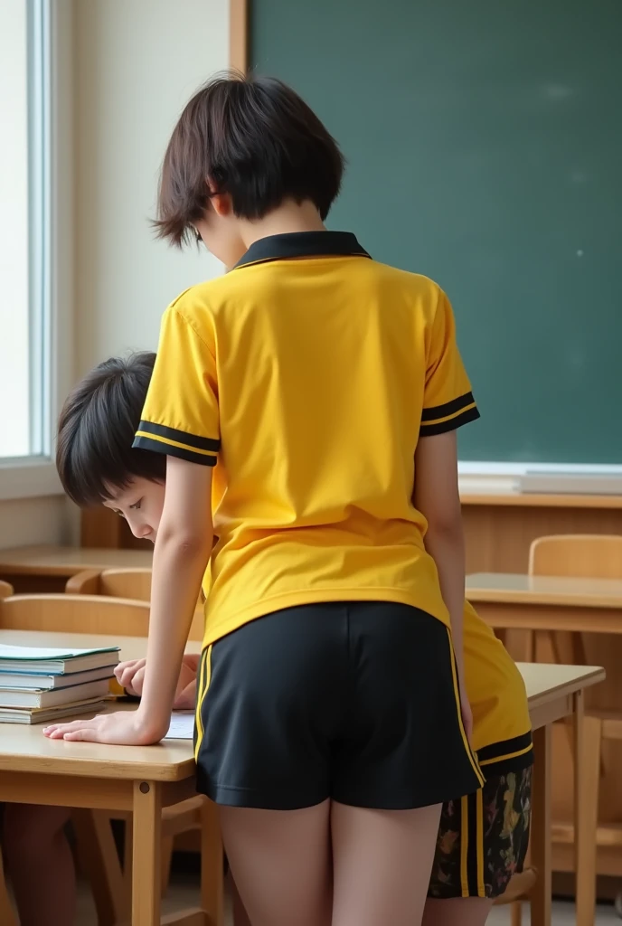 Generates an image of a girl with short hair and a yellow shirt with black stripes on the short sleeves of the uniform with black physical education shorts and bends down and looks very sexy from behind seen from behind with her black shorts made of synthetic material with yellow stripes on the sides, big ass seen from behind picking up a book looking down with her head forward and a boy looks at her sexily from behind watching her picking up her books and the boy squeezes her butt and the girl gets excited and looks at him blushing and puts her butt on his penis