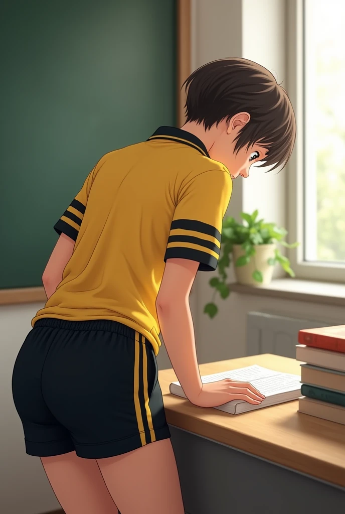 Generates an image of a girl with short hair and a yellow shirt with black stripes on the short sleeves of the uniform with black physical education shorts and bends down and looks very sexy from behind seen from behind with her black shorts made of synthetic material with yellow stripes on the sides, big ass seen from behind picking up a book looking down with her head forward and a boy looks at her sexily from behind watching her picking up her books and the boy squeezes her butt and the girl gets excited and looks at him blushing and puts her butt on his penis