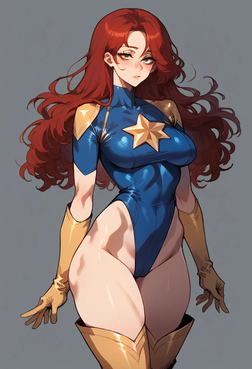 Sexy,Superheroine, Red hair, long hair, busty, ((blue highleg leotard with a t-back thong and a gold star insignia on chest)), gold boots, gold gloves, ass