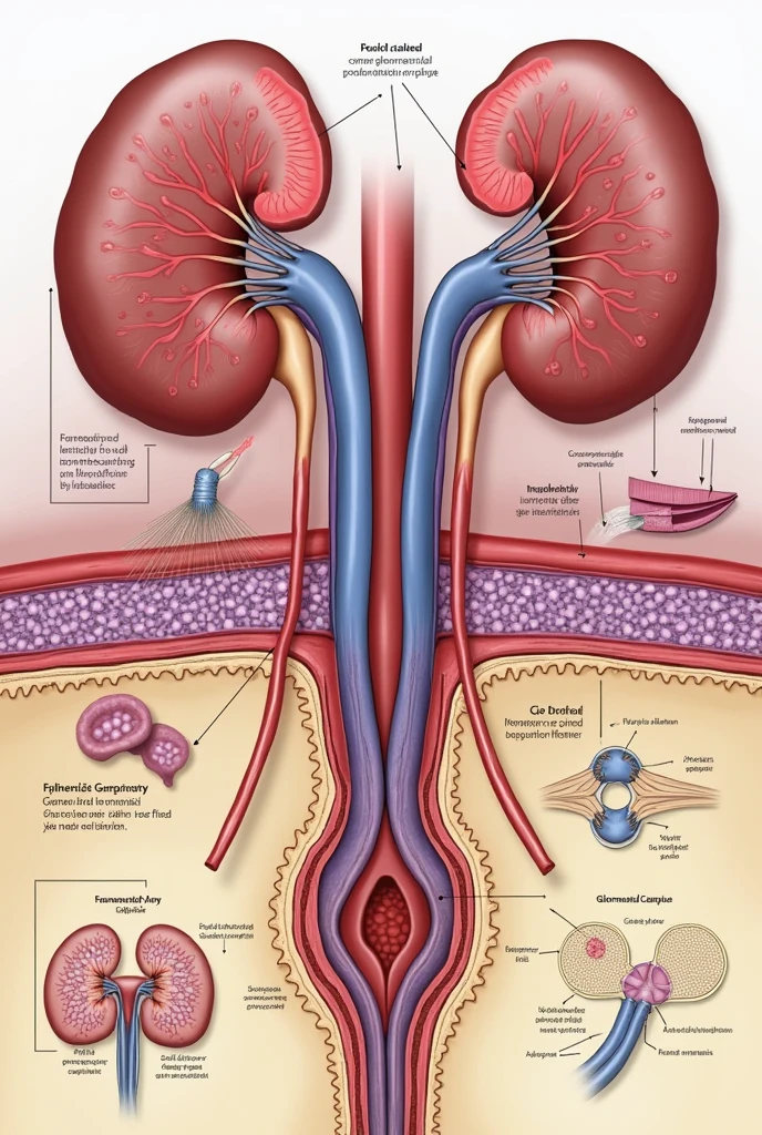 Help me create an image about glomerular filtration of urine well explained , where the leak occurs, as it happens, why it happens