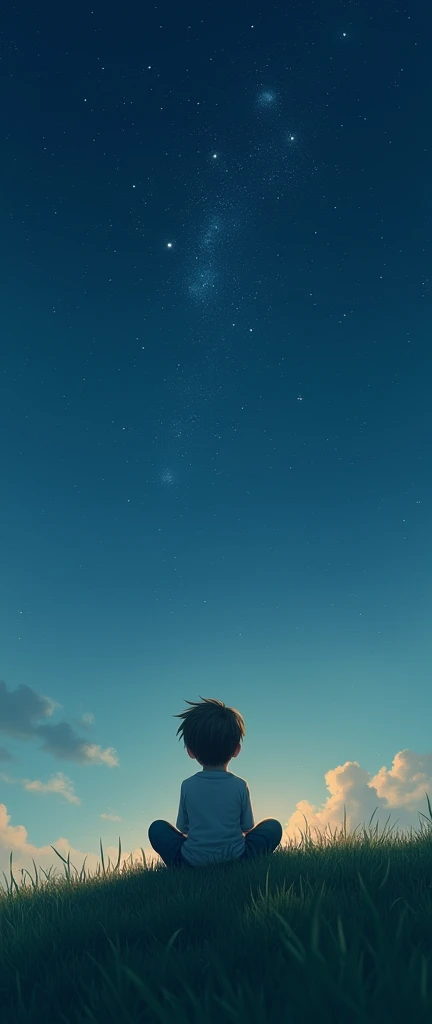 A realistic image of a boy sitting on a hill looking at the clear sky at night tall grasses lonely