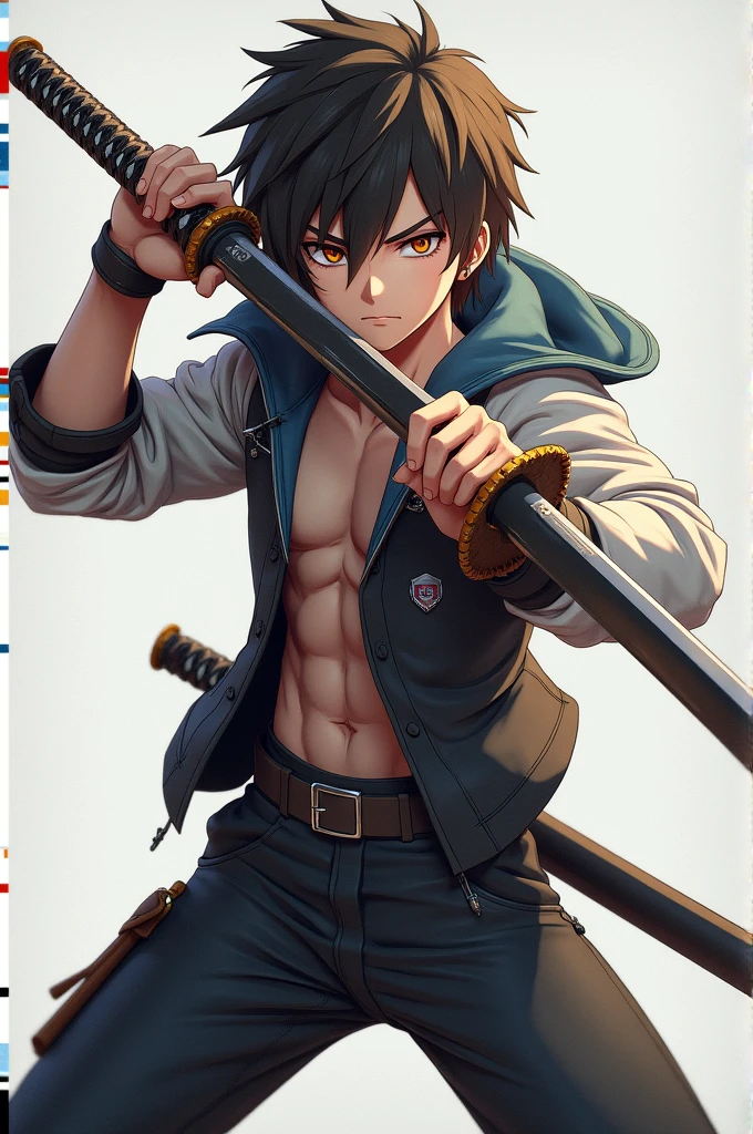 3d anime boy with a katana in his left hand and a gun in his right hand