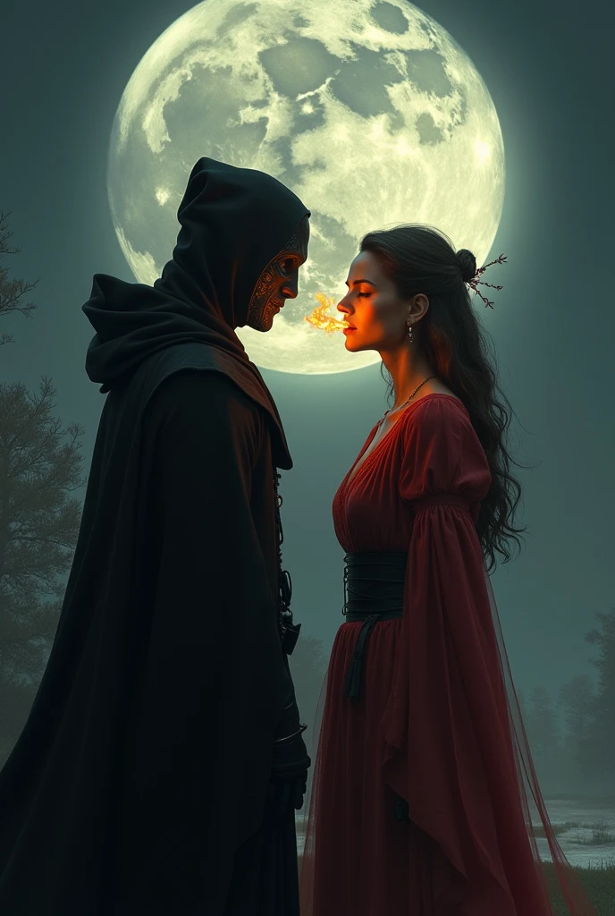 It is night, a man wearing a black mask dressed in black and a woman dressed in warm red and a little fire comes out of her mouth, both turning their backs on each other and in the background a large moon