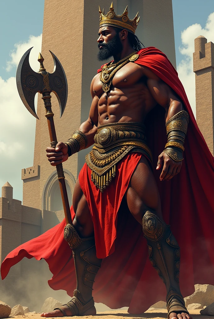 Muscular 4 African man with golden crown red king cape double axe in hand standing full length with brick tower behind