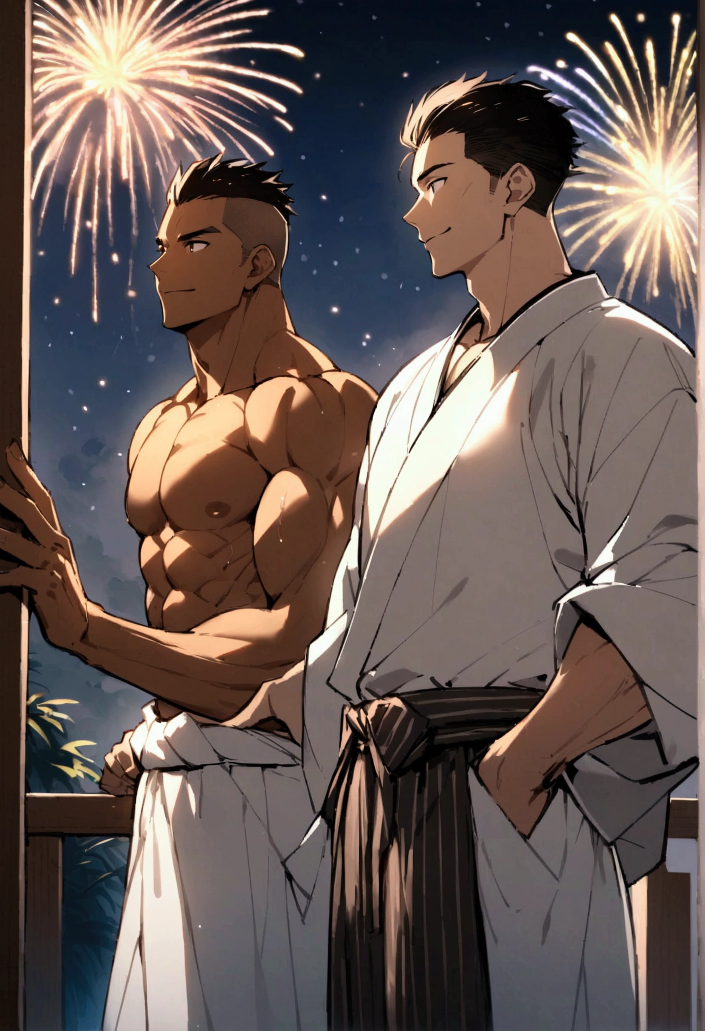 Highest quality、short hair、Sports haircut、Two muscular men in yukatas are happily watching fireworks on the veranda、Pectoralis major、Abdominal muscles、Brown Skin