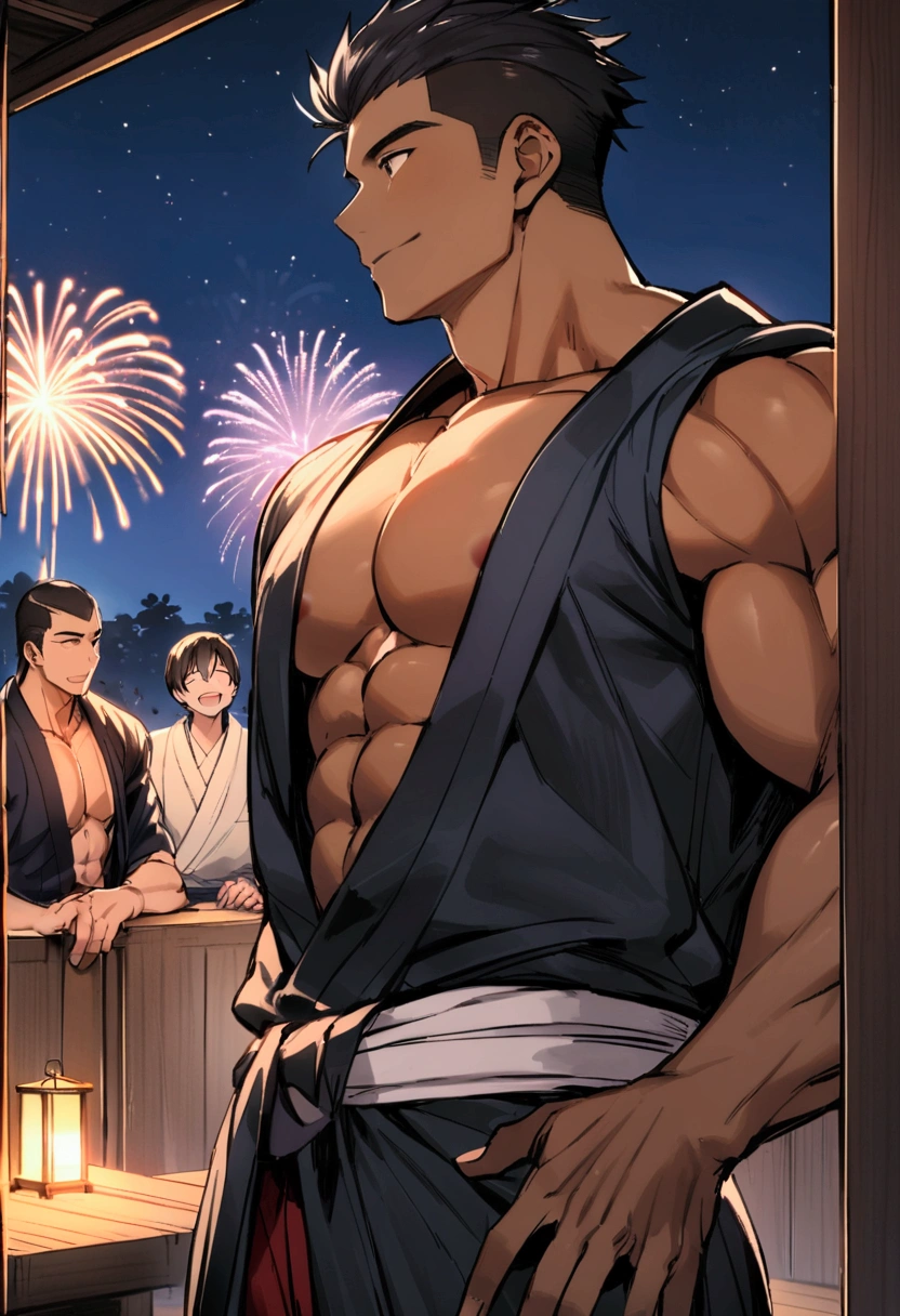 Highest quality、short hair、Sports haircut、Two muscular men in yukatas are happily watching fireworks on the veranda、Pectoralis major、Abdominal muscles、Brown Skin