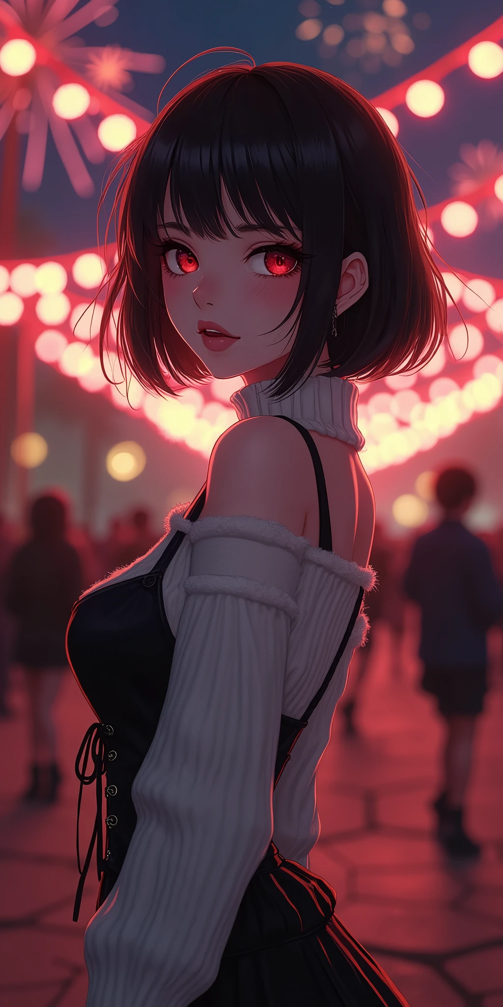 (best quality, ultra-detailed, photorealistic: 1.39), bright and vibrant colors, studio lighting, romantic expression, An effeminate girl, with a delicate and beautiful face. Beautiful and adult woman with her straight loose bob gothic style short hair matches the gothic makeup, her dark red eyes and mischievous smile, with her large seductive breasts, cleavage, dark style, Turtleneck sweater, white wool, sleeveless, beautiful sweater dress, pose from behind, looking back, with beautiful legs, ankle boots, dark makeup. She have a horny face, like a manwha character, chain details, in the living the park at night, beautiful event decoration with lights and fireworks, night with soft lighting, dark gothic lighting, black boots, seductive cleavage, manga style, anime features manga style, fully body , she is in love, like a manwha character style