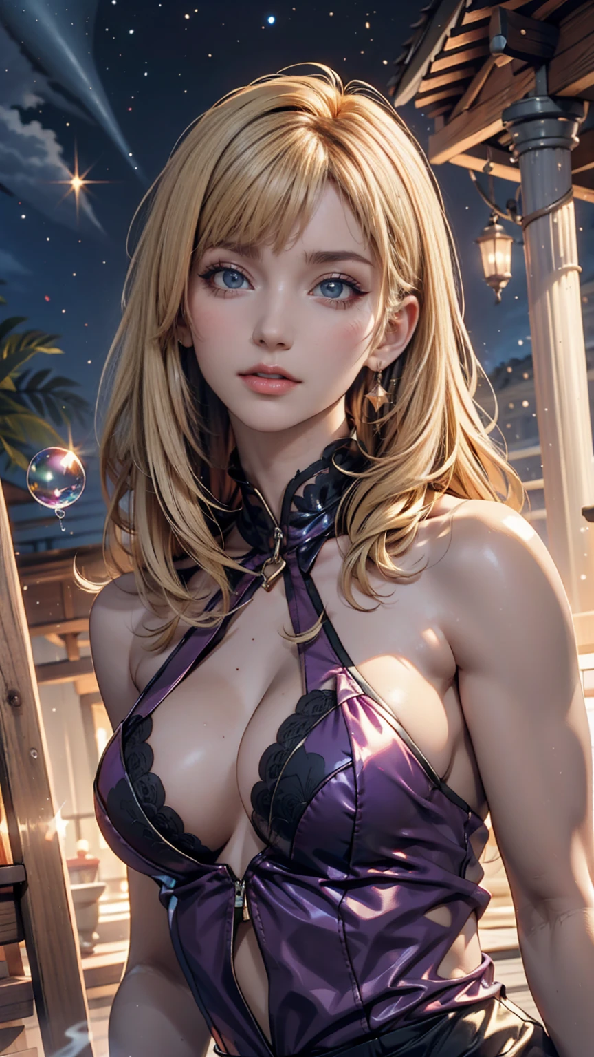 Blowing bubbles under the stars、Anime-style light blonde hair with purple eyes