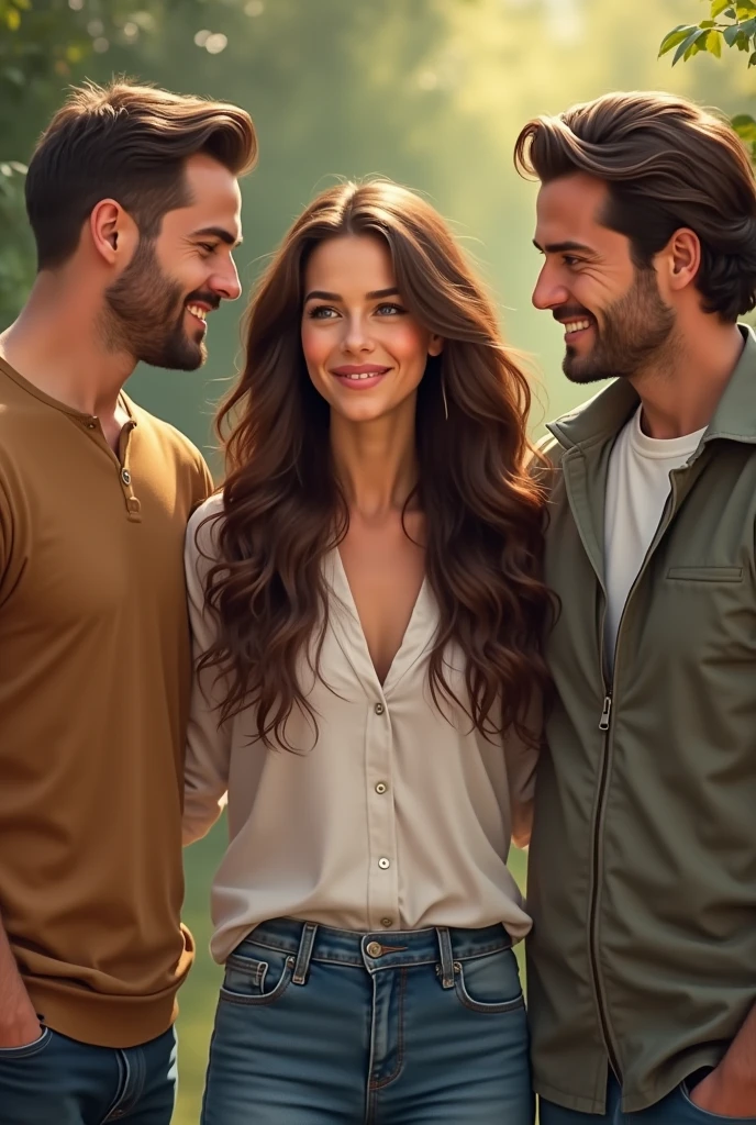 Picture of a real life  with long brown hair next to her mom and dad 