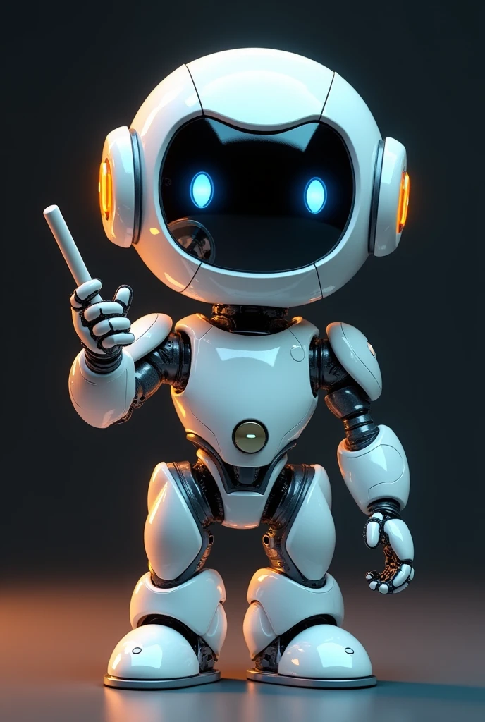A cute and cuddly 3d robot character with child proportions, white and blue color scheme, holding a baton in one hand and making a welcome gesture with the other, standing in front of a black background, highly detailed, realistic, 8K, award-winning illustrations, concept art, beautiful lighting, soft shadows, shimmering metal surfaces, warm tones, dynamic poses, Inviting expression, complex mechanical design, cinematic perspective, seamless integration of technology and organic form