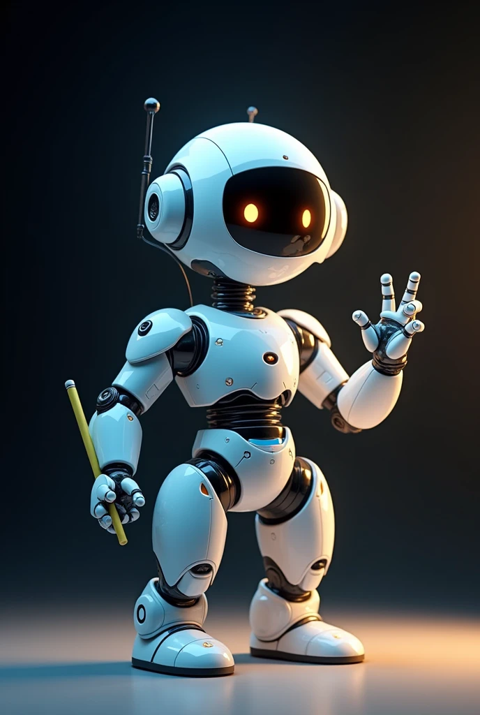 A cute and cuddly 3d robot character with child proportions, white and blue color scheme, holding a baton in one hand and making a welcome gesture with the other, standing in front of a black background, highly detailed, realistic, 8K, award-winning illustrations, concept art, beautiful lighting, soft shadows, shimmering metal surfaces, warm tones, dynamic poses, Inviting expression, complex mechanical design, cinematic perspective, seamless integration of technology and organic form