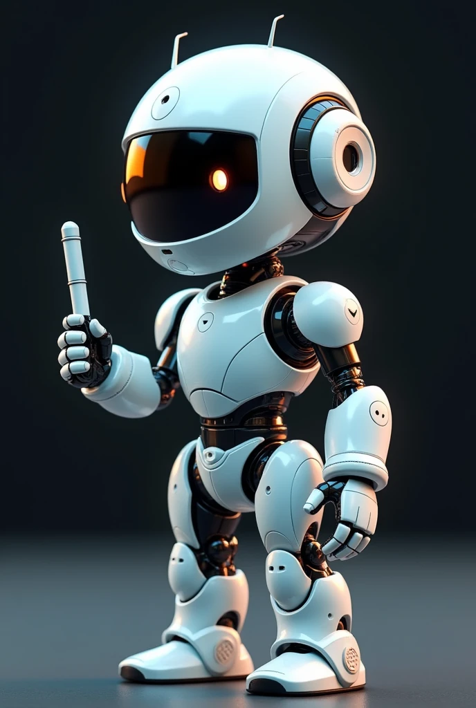 A cute and cuddly 3d robot character with child proportions, white and blue color scheme, holding a baton in one hand and making a welcome gesture with the other, standing in front of a black background, highly detailed, realistic, 8K, award-winning illustrations, concept art, beautiful lighting, soft shadows, shimmering metal surfaces, warm tones, dynamic poses, Inviting expression, complex mechanical design, cinematic perspective, seamless integration of technology and organic form