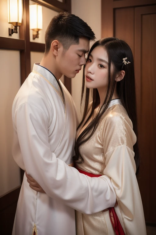 Man wearing a shirt(Hanfu China)A sexy woman hugging and kissing her cheek, bare legs and bare chest, see the hand holding the penis, in a seductive pose, close up, in a Chinese Hanfu style room, very realistic, a very detailed young couple, wet and shiny.