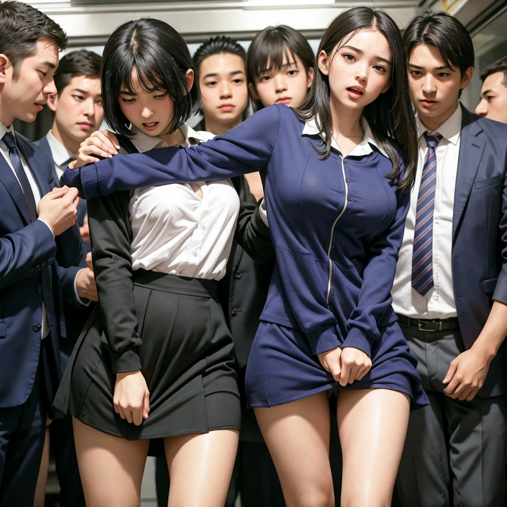 Beautiful innocent high school girl surrounded by excited high school boys, A beautiful girl with a baby face like an idol, Clothing is disturbed, A high school boy strips off his uniform and reveals his underwear, A high school boy grabs my breasts from behind, My butt is touched by a high school boy, Being hugged by a high school boy, Anatomically correct, Molested by a group of high school boys on the train, Staring at the audience, Beautiful wavy black medium bob hair, She screams with her mouth open in shame at being seen in her underwear in public, blush, Body flushed red, Wet with sweat, Increased sensitivity, Tears overflow from your beautiful eyes, Ultra high definition, Slender body, Can be smelled from close range, Japanese, Cowboy Shot, Relaxation and turning your legs inwards