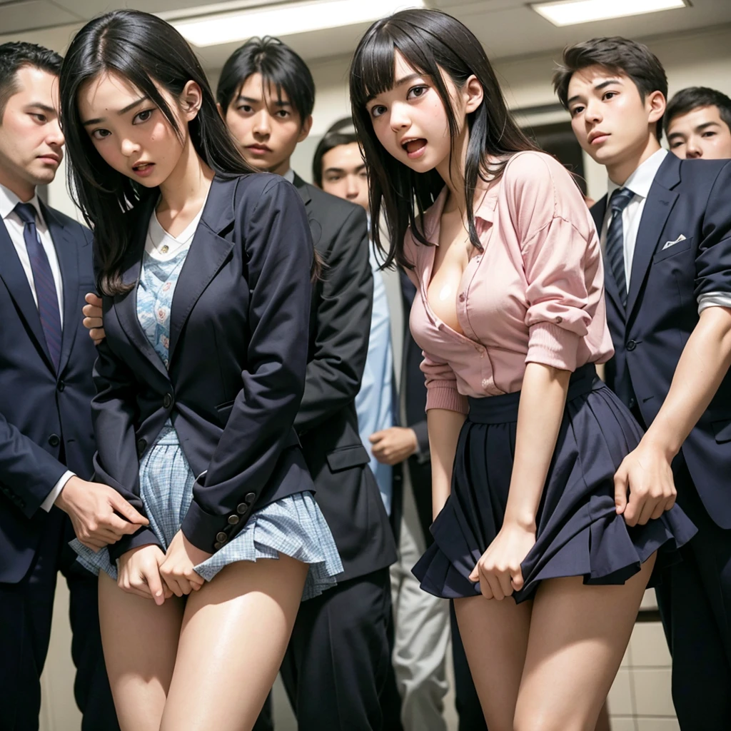 Beautiful innocent high school girl surrounded by excited high school boys, A beautiful girl with a baby face like an idol, Clothing is disturbed, A high school boy strips off his uniform and reveals his underwear, A high school boy grabs my breasts from behind, My butt is touched by a high school boy, Being hugged by a high school boy, Anatomically correct, Molested by a group of high school boys on the train, Staring at the audience, Beautiful wavy black medium bob hair, She screams with her mouth open in shame at being seen in her underwear in public, blush, Body flushed red, Wet with sweat, Increased sensitivity, Tears overflow from your beautiful eyes, Ultra high definition, Slender body, Can be smelled from close range, Japanese, Cowboy Shot, Relaxation and turning your legs inwards