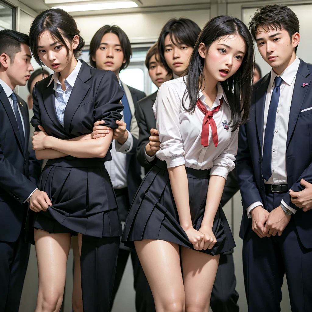 Beautiful innocent high school girl surrounded by excited high school boys, A beautiful girl with a baby face like an idol, Clothing is disturbed, A high school boy strips off his uniform and reveals his underwear, A high school boy grabs my breasts from behind, My butt is touched by a high school boy, Being hugged by a high school boy, Anatomically correct, Molested by a group of high school boys on the train, Staring at the audience, Beautiful wavy black medium bob hair, She screams with her mouth open in shame at being seen in her underwear in public, blush, Body flushed red, Wet with sweat, Increased sensitivity, Tears overflow from your beautiful eyes, Ultra high definition, Slender body, Can be smelled from close range, Japanese, Cowboy Shot, Relaxation and turning your legs inwards
